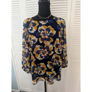 Cabi Blouse Women’s M Blue Yellow Floral Chiffon Lydia Top Cottagecore Career